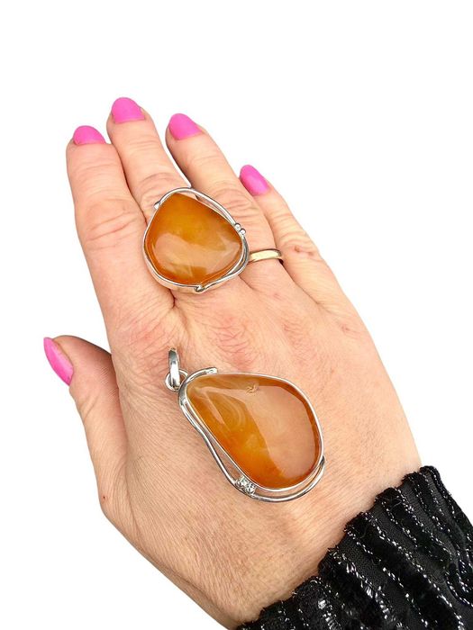 Komplet srebro 925 bursztyn bałtyucki pierścionek wisiorek unikat