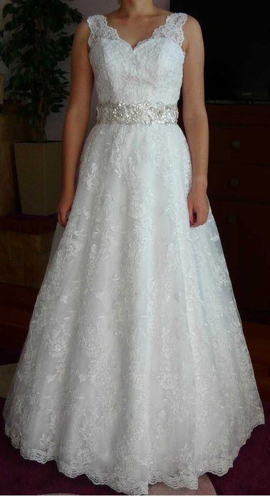 KORONKOWA suknia ślubna 36 S boho BIAŁA linia A koronka cała z koronki