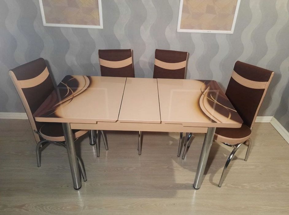 Обідній скляний розкладний кухонний стіл зі стільцями Обеденный стол