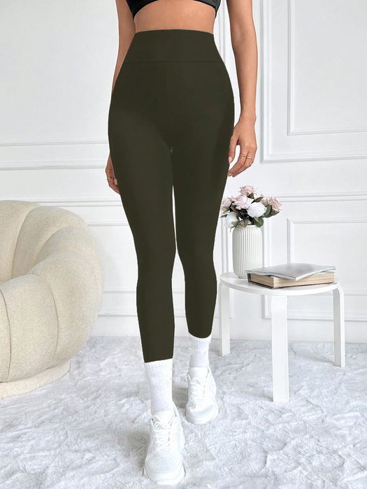 Legginsy Basic Z Wysokim Stanem Zielone Casual Shein S 36