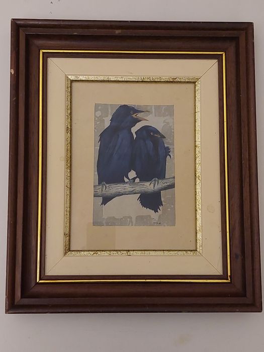 Quadro pintura corvos assinado ml datado