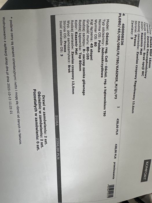 Sprzedam jedne drzwi z oacieznica 70 cm  i oscieznice