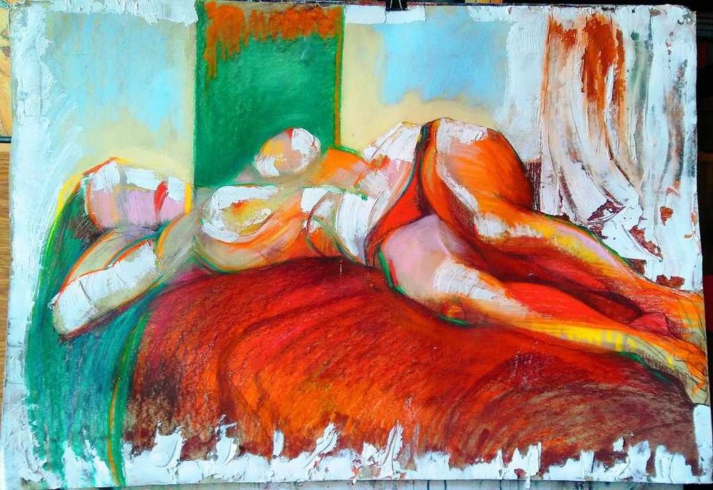 Kobieta leżąca, rysunek kolorowy