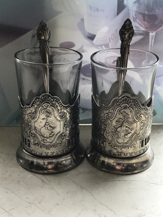 Подстаканник Космос.+ стакан+ ложка.Мельхиор. Из ссср.