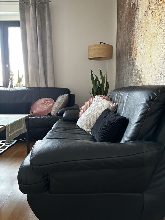 Zestaw wypoczynkowy 3-częśc czarny, kanapa, sofa, skóra naturalna