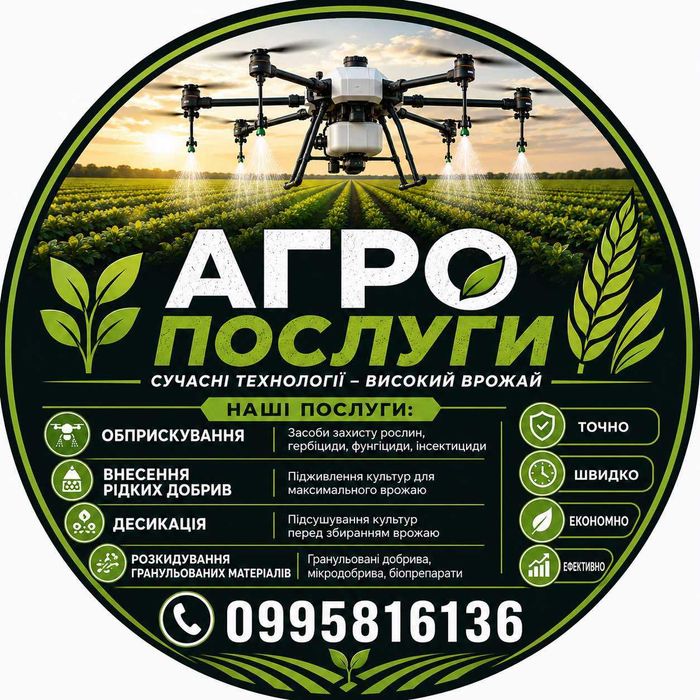 Послуги Агродронів Обробка Полів Дронами Обприскування Внесення ЗЗР Добрив Гербіцидів Фунгіцидів Десикація