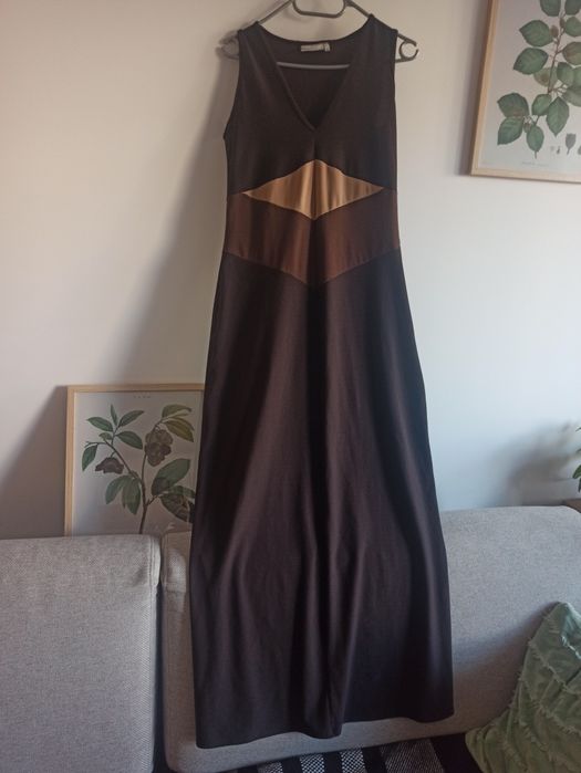 Vintage 90s/Y2K Maxi – Czekoladowa Sukienka z Geometrycznym Wzo