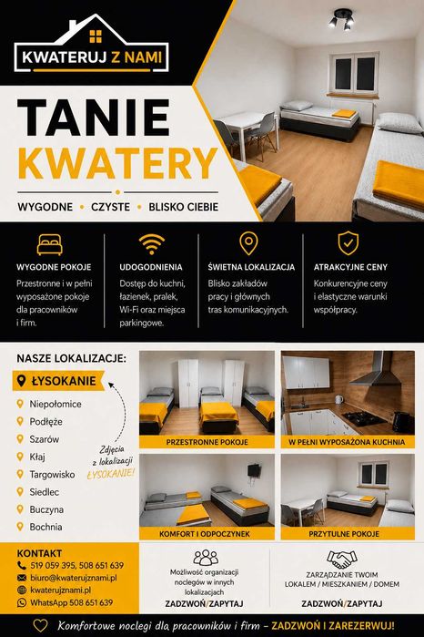 Łysokanie Podłęże Gdów Wiatowice Zakrzów Niepołomice Suchoraba kwatery pracownicze nocleg noclegi hostel