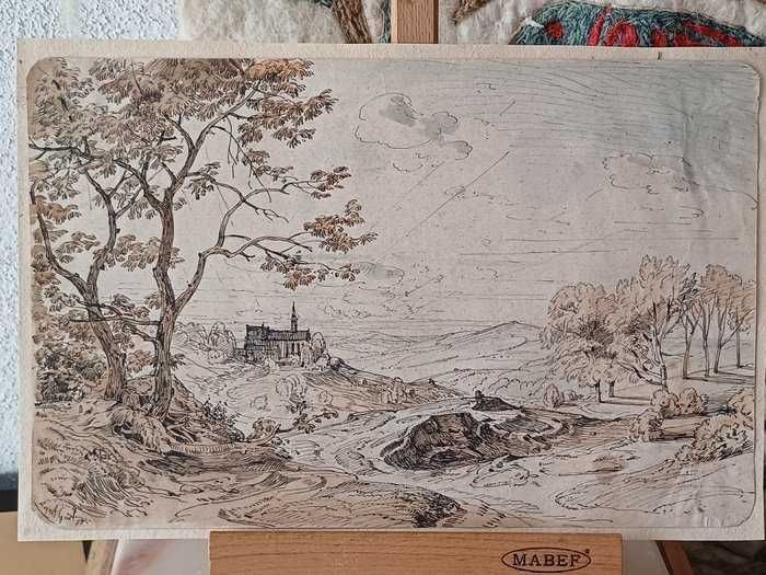 Desenho a pena de August Geist (1858) - Paisagem campestre com igreja