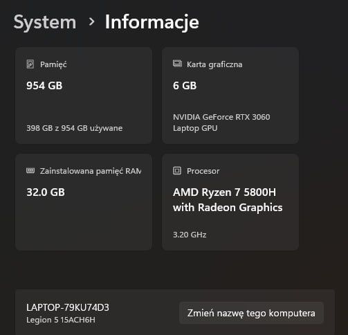 Laptop Lenovo Legion 5 15ACH6H - AMD Ryzen 7 5800H, 32GB RAM, NVIDIA