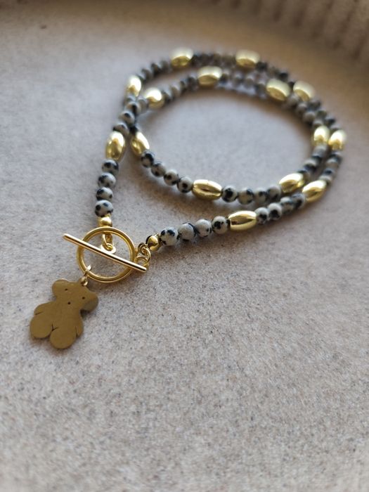 Naszyjnik JASPIS DALMATYŃSKI & HEMATYT | Złoty Miś | Zapięcie Toggle