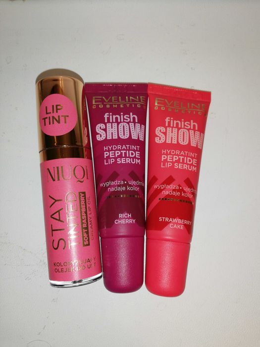 Błyszczyki Eveline Finish show peptydowe serum do ust NIUQI zestaw