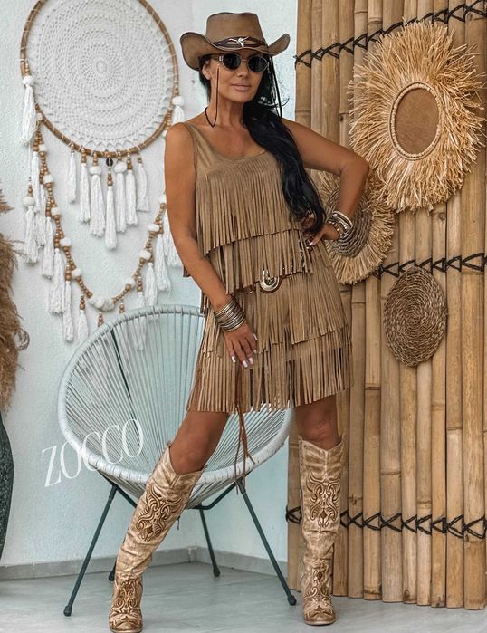 ZOCCO sukienka boho frędzle Eko zamsz