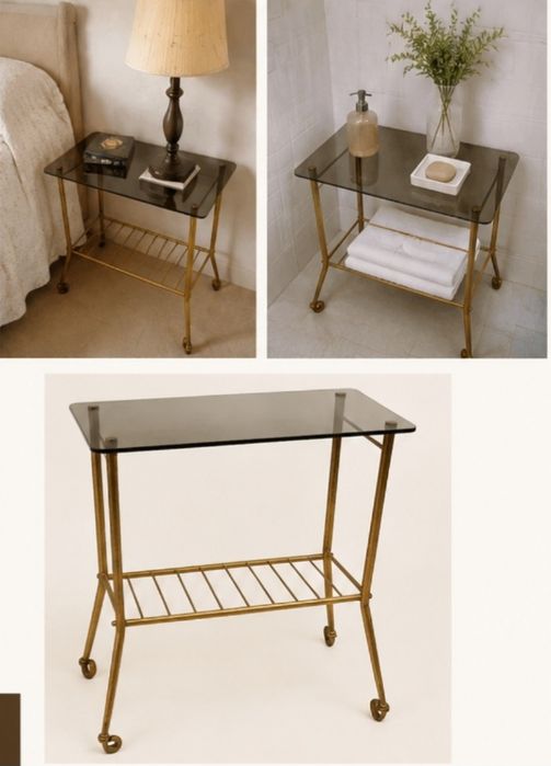 Mesa de Apoio Vintage em Metal Dourado e Vidro Fumado – Excelente Estado