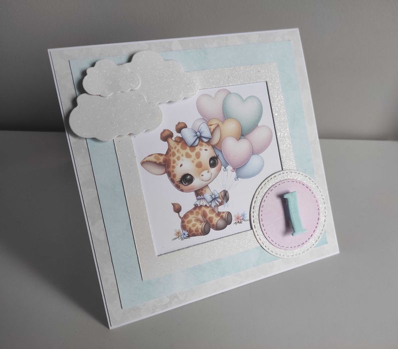 Kartka urodzinowa ręcznie robiona roczek, urodziny żyrafa