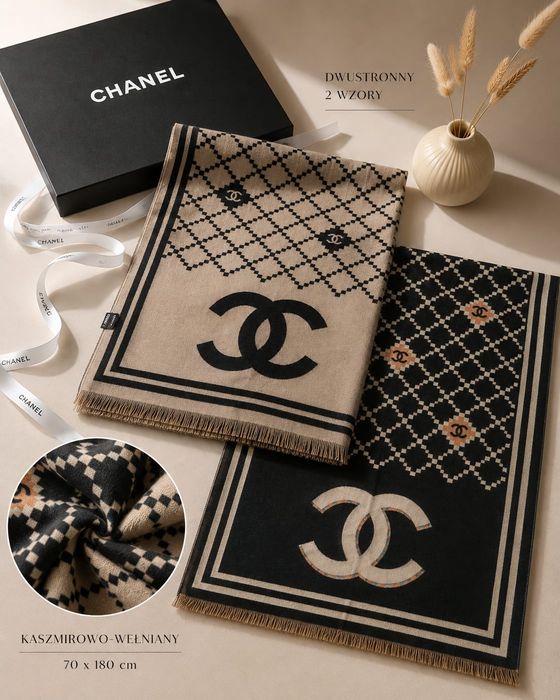 Szal szalik  Kaszmir Chanel czarny  dwustronny