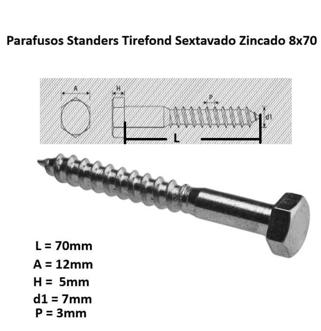 Parafusos Tirefond Ferro Zincado 8x70MM + Anilha + Bucha Nylon 12mm