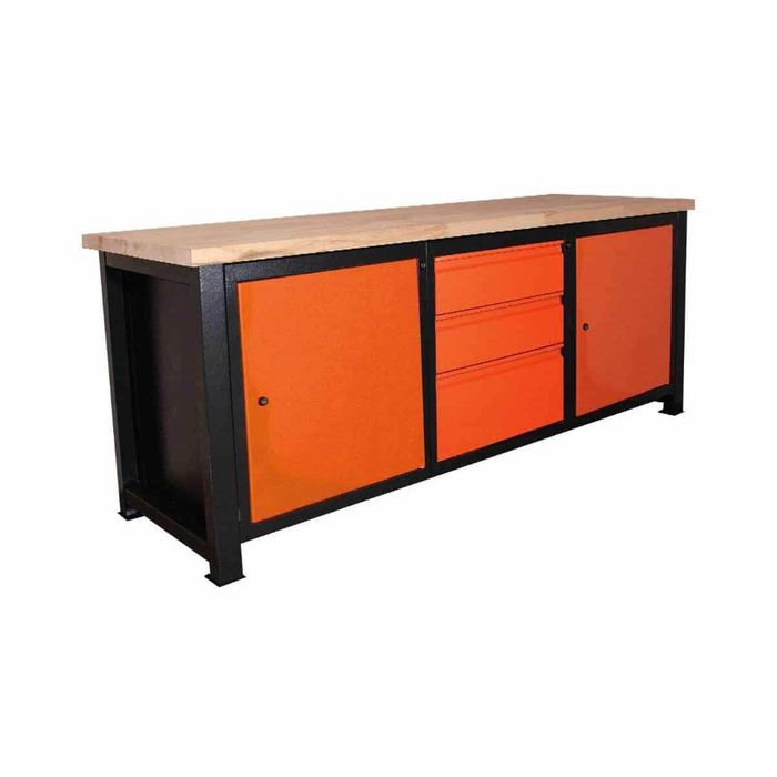 Stół warsztatowy przemysłowy metalowy 210x68x83 cm blat bukowy 3 szafki mocny roboczy P-2116