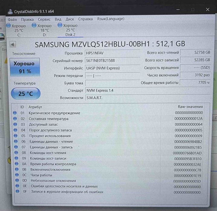 SSD диск Samsung 512gb m2  nvme 2280 91%