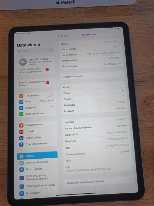 Apple iPad Pro 11" 128GB + Rysik Apple Pencil 2. generacji (MU8F2ZM/A)