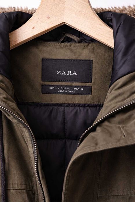 Casaco Parka ZARA Verde Caqui com Capuz e Pêlo – Inverno – M