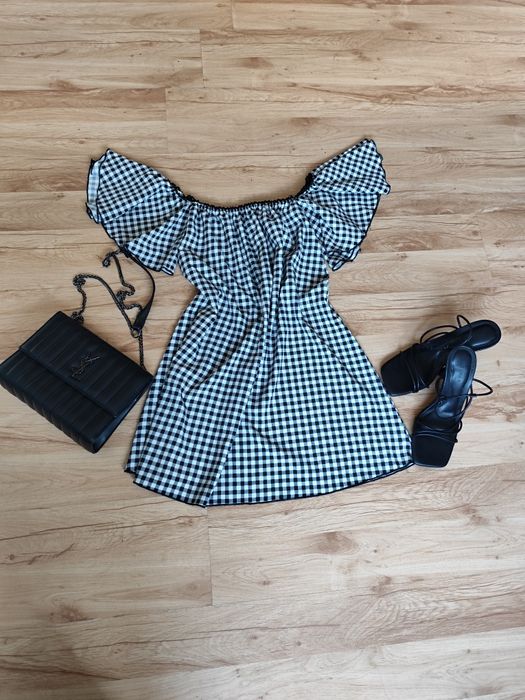Sukienka Mosquito babydoll Vichy XS, S, M  Hiszpanka czarno biała krata 34,36 ,38 rozmiar