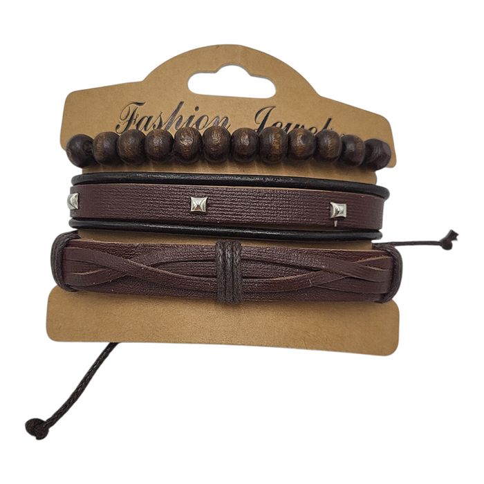 Bransoletka męska rzemyk brązowa 3  elementy