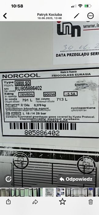 Witryna 90 cm Norcool 800 l  chlodziarka