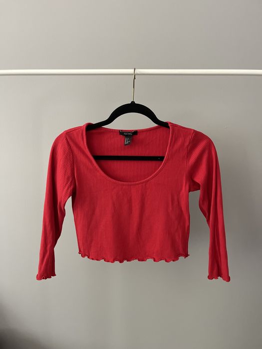 Czerwony crop top forever 21 S rayon bawełna prążkowana rękaw 3/4