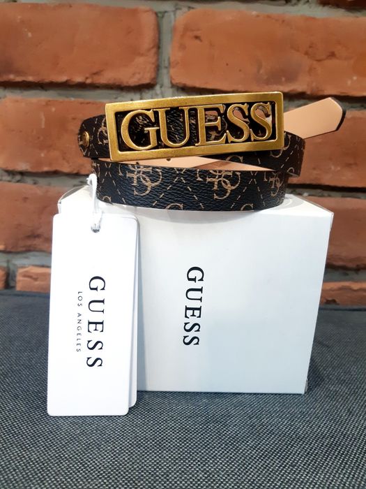 Guess Oryginalny Pasek Monogram Logo Złota Klamra Brązowy 36 S Pudełko