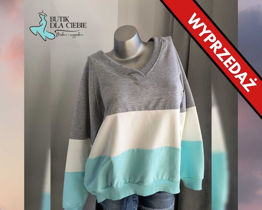 -> WYPRZEDAŻ - Bluza w kolorowe pasy z dekoltem V - Rozmiar:  S/M