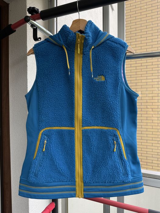 The North Face Womens M Sherpa Fleece Hooded Vest Blue Yellow Full Zip