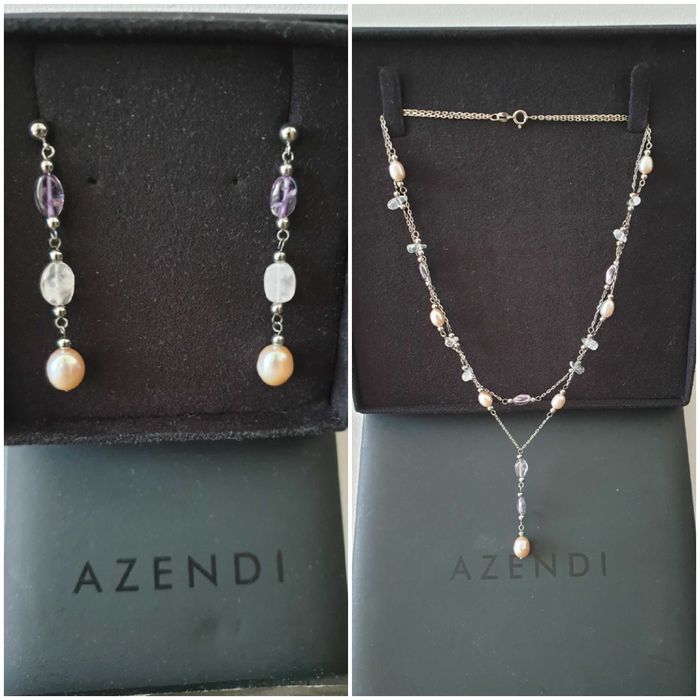 Zestaw Komplet: naszyjnik kolczyki Serbro 925 Perły i Ametysty