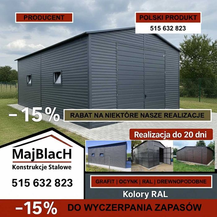 Garaż Blaszany OCYNKOWANY| Montaż Gratis | Wiata | PRODUCENT Maj-Blach