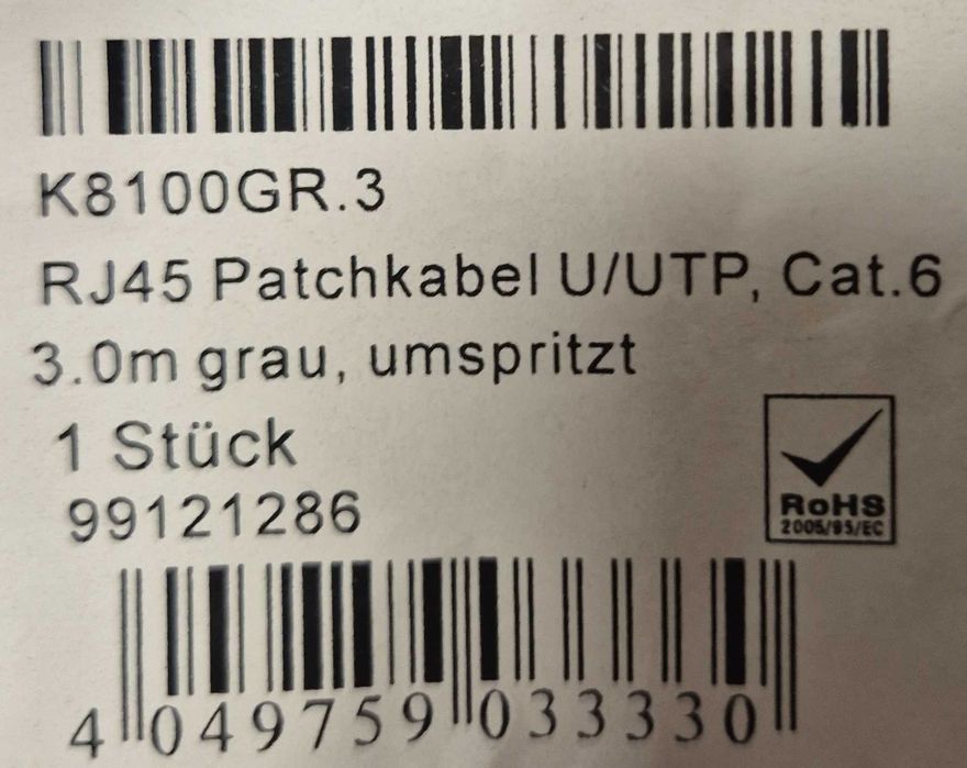 Cabo Ethernet cat.6 3 metros EFB-Elektronik cinzento NOVO