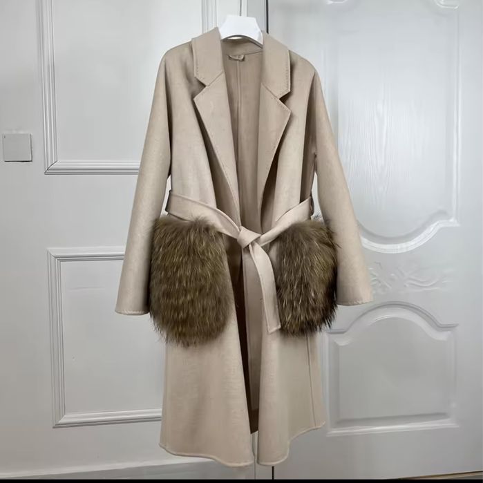 Kontantto bezowy plaszcz kaszmirowy futro nsturalne xs-4xl