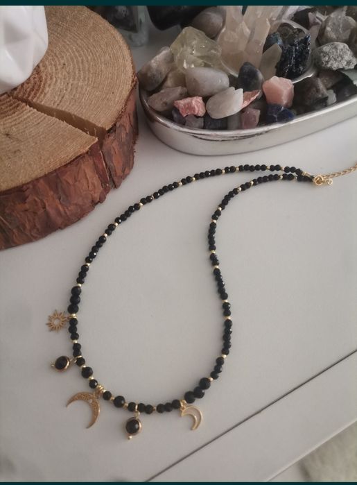 Naszyjnik choker czarny turmalin lunula słońce księżyc regulacja kamie