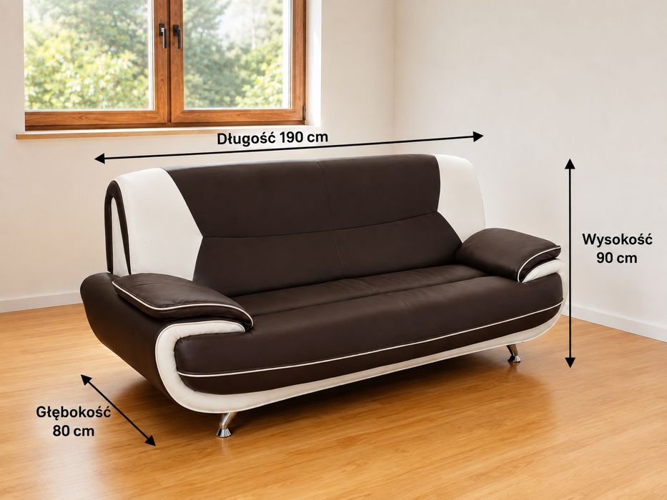 Sofa 3-osobowa 190 cm, brązowo-biała ekoskóra – 2 szt.