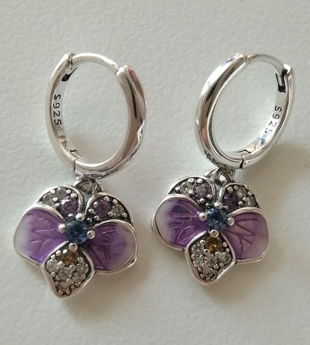 Kolczyki orchidee s925 emaliowe kółeczka