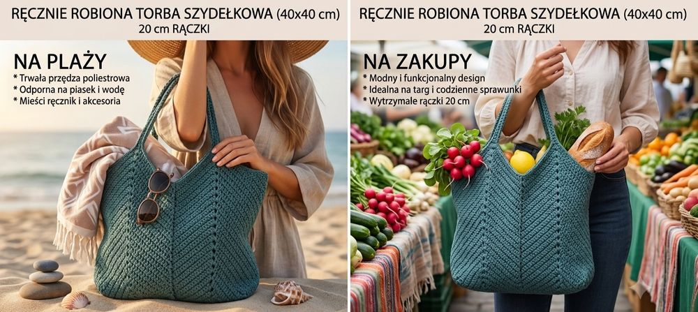 Ręcznie robiona torba na szydełku 40x40 cm | Sznurek poliestrowy (Szałwia/Morski)