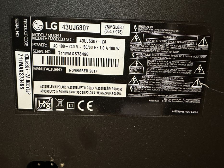 Tlelewizor LG 43 cali  medel  430J6307 uszk. matryca.elektronika ok