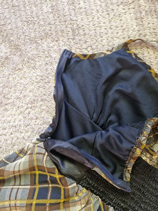 Sukienka boho ramiączka paisley krata S rare satynowy pas swag coquette