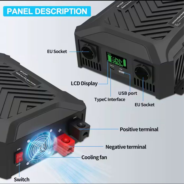 Інвертор DATOUBOSS 12В/24В ~>220В, чиста синусоїда, 1500/3000Вт 6000W