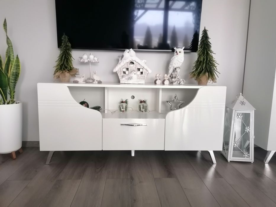 Komplet szafka RTV witryna komoda wysoka biały połysk