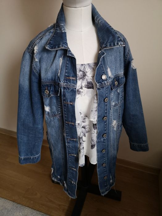 Kurtka jeansowa katana ramoneska h 36 38 oversize strzepiona