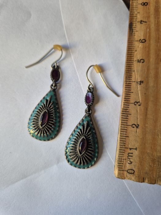 Kolczyki etniczne boho łezki niebiesko fioletowe z metalu