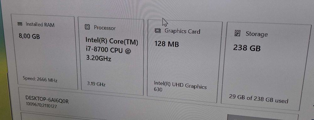Komputer i7-8700 6 rdzeni / 12 wątków / 8 GB RAM / NVMe 256 GB