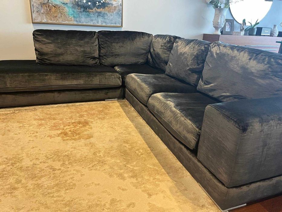 Sofá em Veludo Cinzento com Chaise Longue - Muito Bom Estado