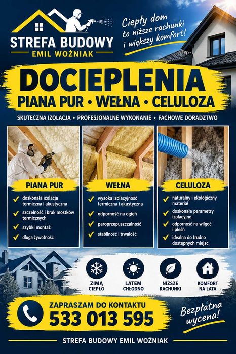 Ocieplenie pianą PUR,WEŁNĄ,CELULOZĄ,naprawa izolacji, wieszaki GRATIS