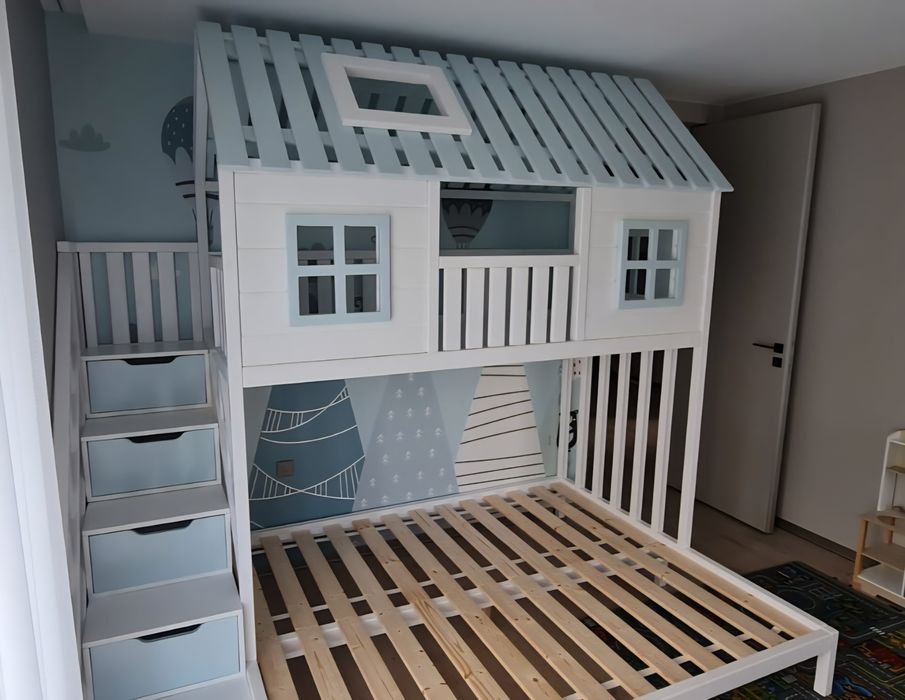 Łóżko piętrowe drewniane domek 160x200